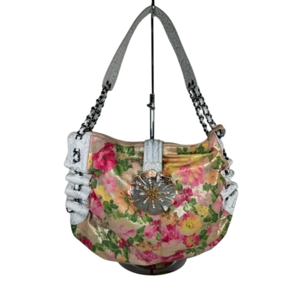 489. Sharif Studio Floral Leather Shoulder Hobo Bag Pink Multicolor